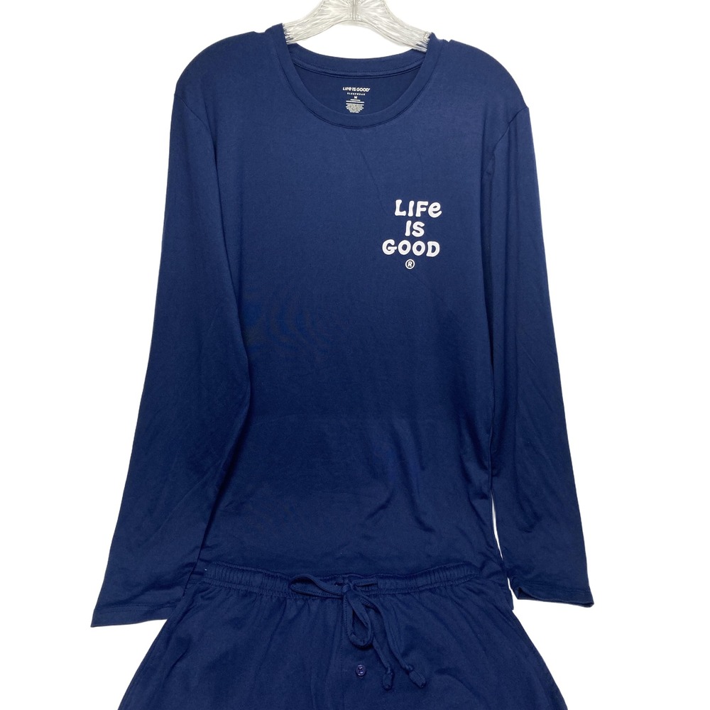Life Is Good Navy Blue Pajama Set Long Sleeve Top Drawstring Pant Medium